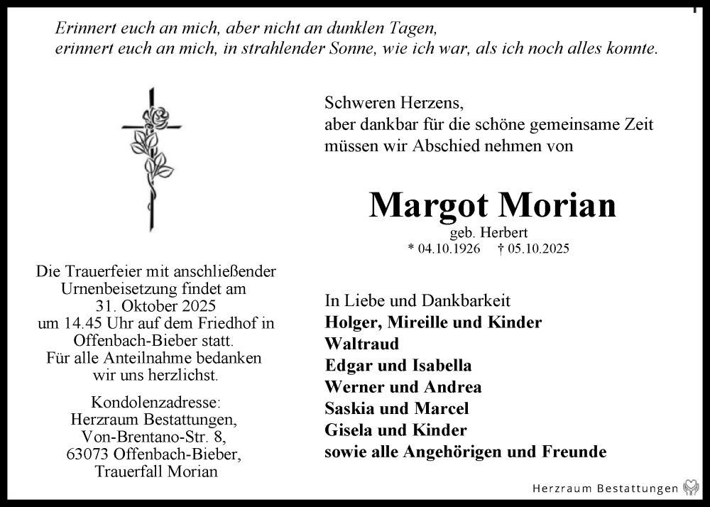  Traueranzeige für Margot Morian vom 25.10.2025 aus OFOP