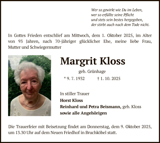 Traueranzeige von Margrit Kloss von OFHA