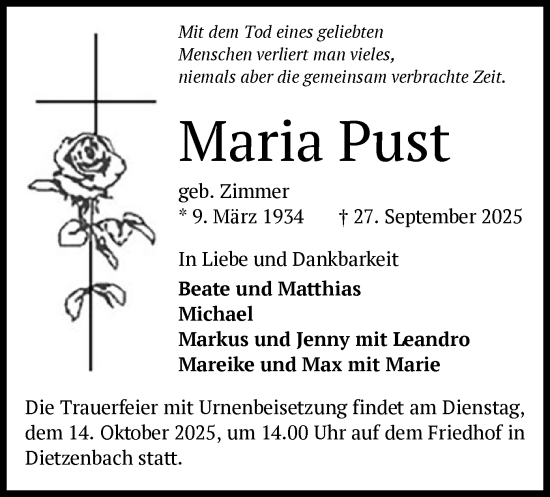 Traueranzeige von Maria Pust von OFOP