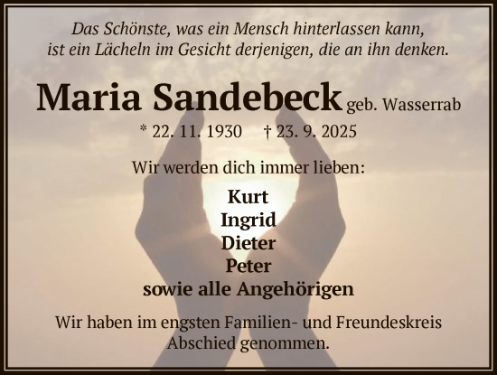 Traueranzeige von Maria Sandebeck von OFOP