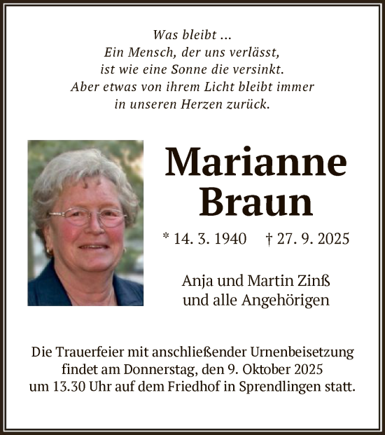 Traueranzeige von Marianne Braun von OF0W