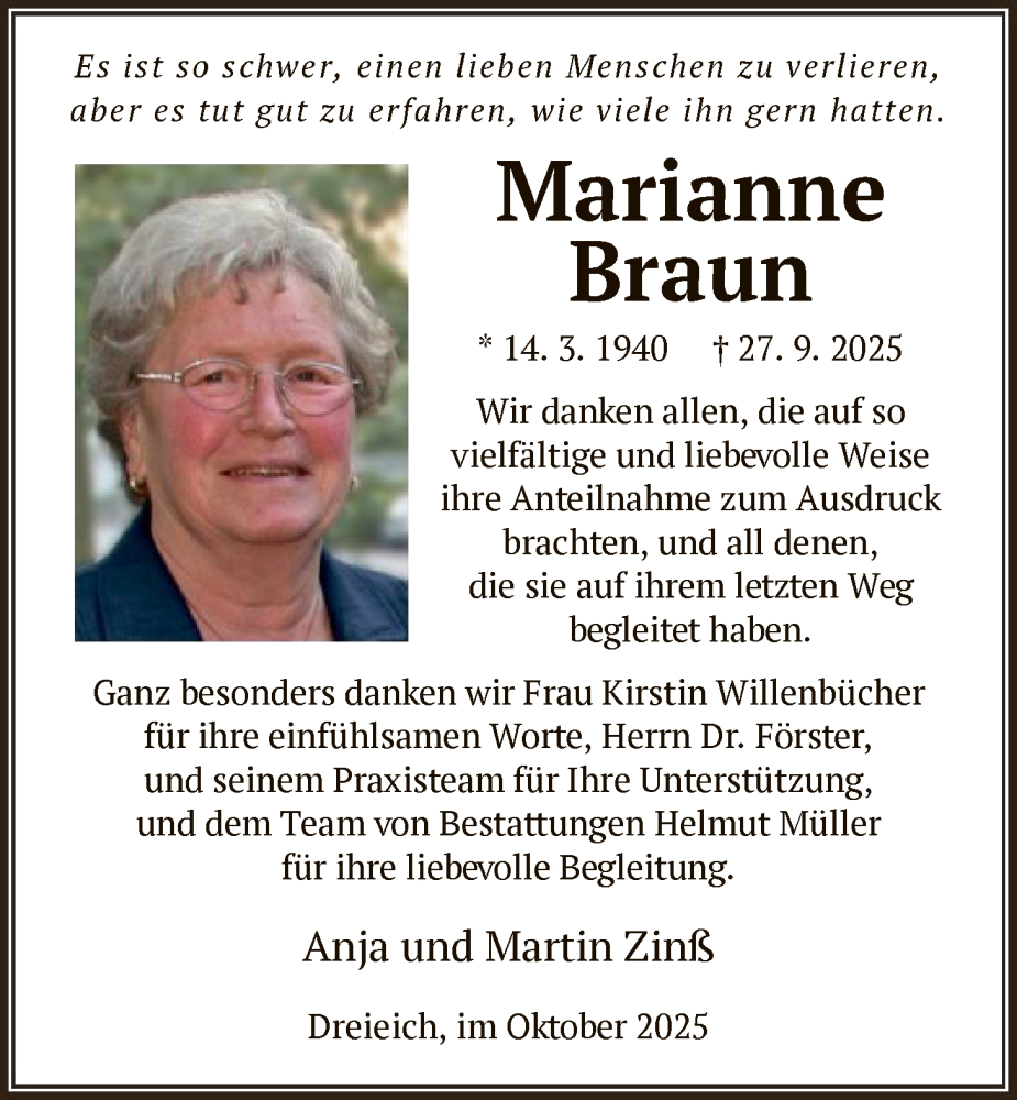  Traueranzeige für Marianne Braun vom 18.10.2025 aus OF0W
