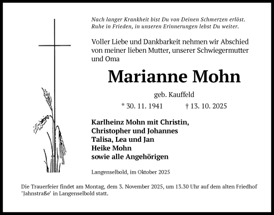 Traueranzeige von Marianne Mohn von OFHA