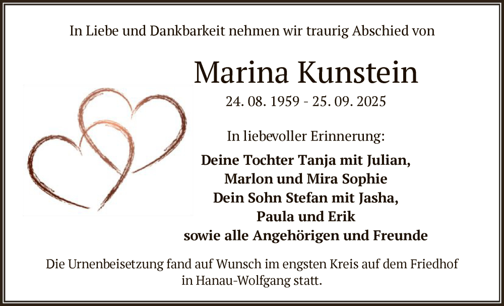  Traueranzeige für Marina Kunstein vom 18.10.2025 aus OFHA