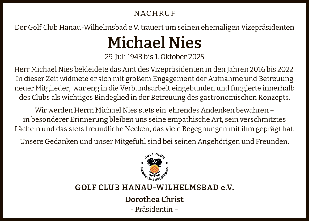  Traueranzeige für Michael Nies vom 18.10.2025 aus OFHA