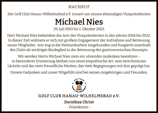 Traueranzeige von Michael Nies von OFHA