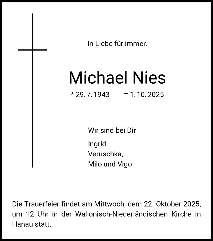  Traueranzeige für Michael Nies vom 11.10.2025 aus OFHA