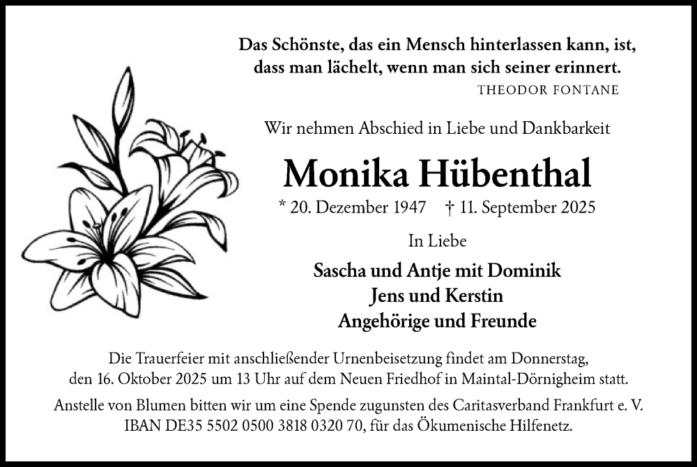  Traueranzeige für Monika Hübenthal vom 04.10.2025 aus OFHA