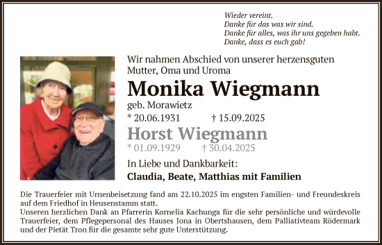 Traueranzeige von Monika Wiegmann von OF0T