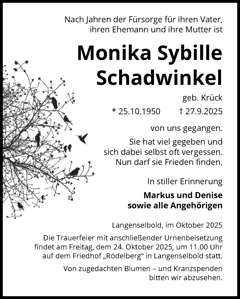  Traueranzeige für Monika Sybille Schadwinkel vom 18.10.2025 aus OFHA