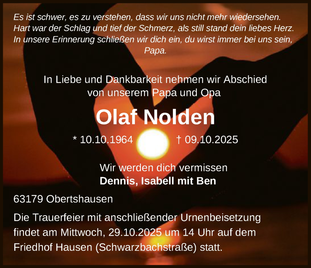  Traueranzeige für Olaf Nolden vom 25.10.2025 aus OF0T