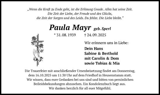 Traueranzeige von Paula Mayr von OFOP