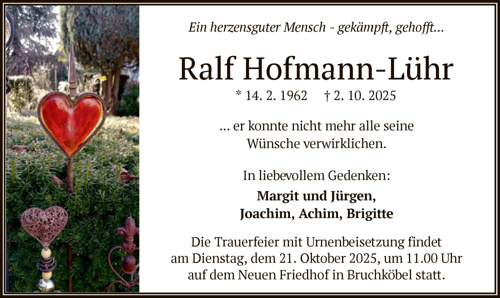  Traueranzeige für Ralf Hofmann-Lühr vom 11.10.2025 aus OFHA