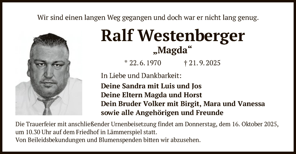  Traueranzeige für Ralf Westenberger vom 04.10.2025 aus OFOP