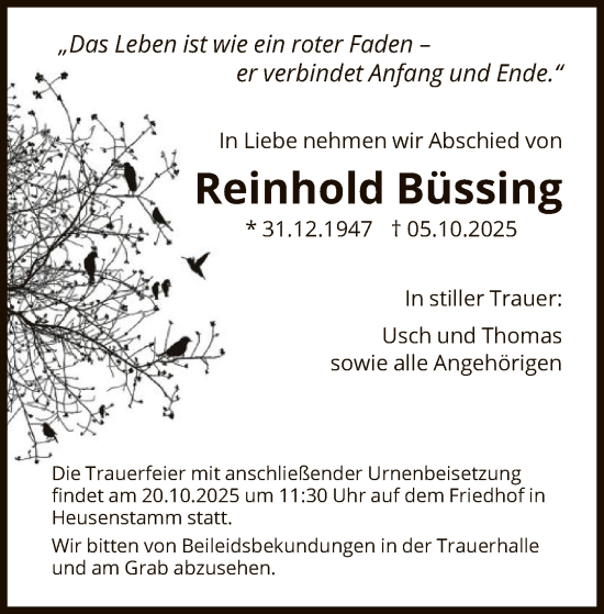 Traueranzeige von Reinhold Büssing von OF0T