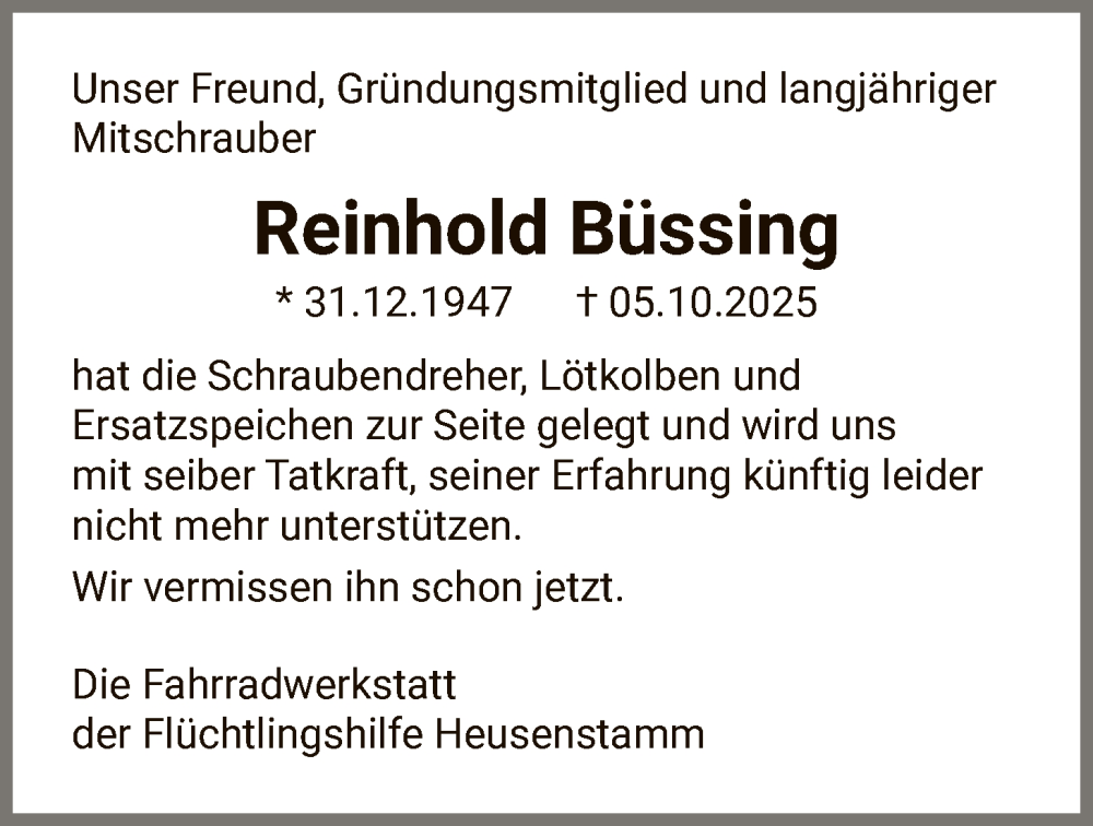  Traueranzeige für Reinhold Büssing vom 18.10.2025 aus OF0T