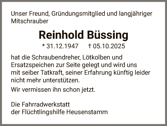 Traueranzeige von Reinhold Büssing von OF0T