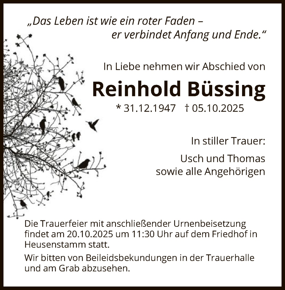  Traueranzeige für Reinhold Büssing vom 11.10.2025 aus OF0T