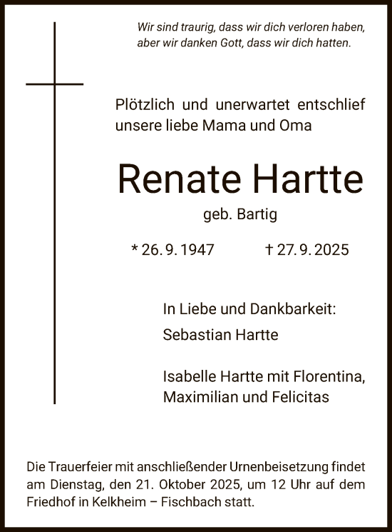 Traueranzeige von Renate Hartte von OF0W