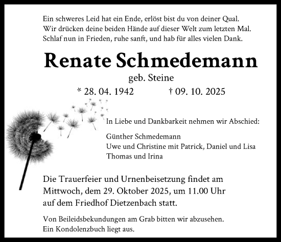 Traueranzeige von Renate Schmedemann von OFOP
