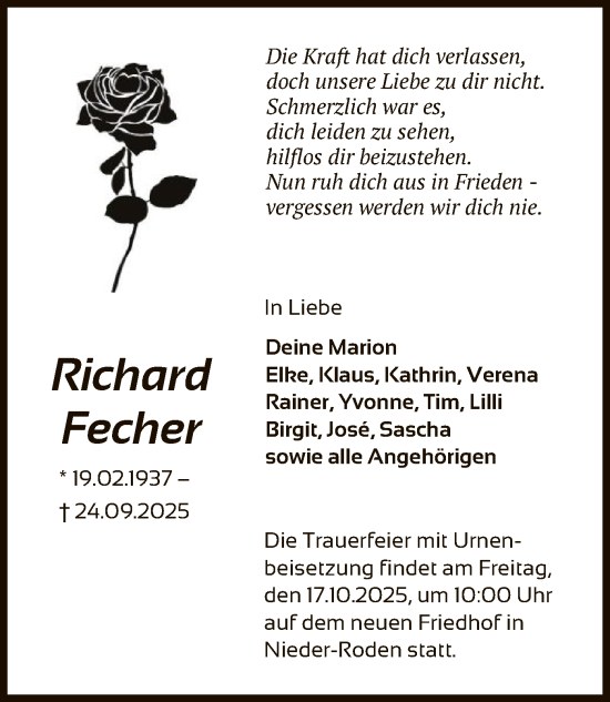 Traueranzeige von Richard Fecher von OFOP