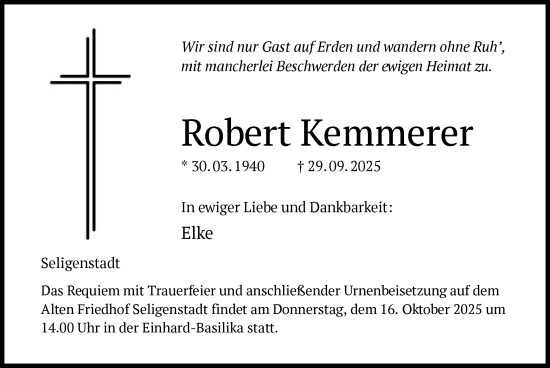 Traueranzeige von Robert Kemmerer von OF0L