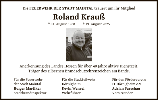 Traueranzeige von Roland Krauß von OFHA