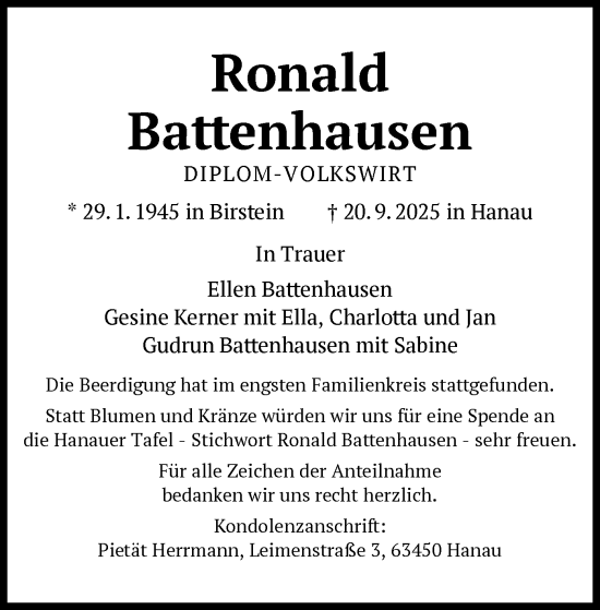 Traueranzeige von Ronald Battenhausen von OFHA