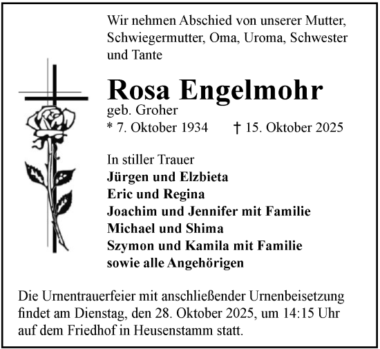 Traueranzeige von Rosa Engelmohr von OFOP