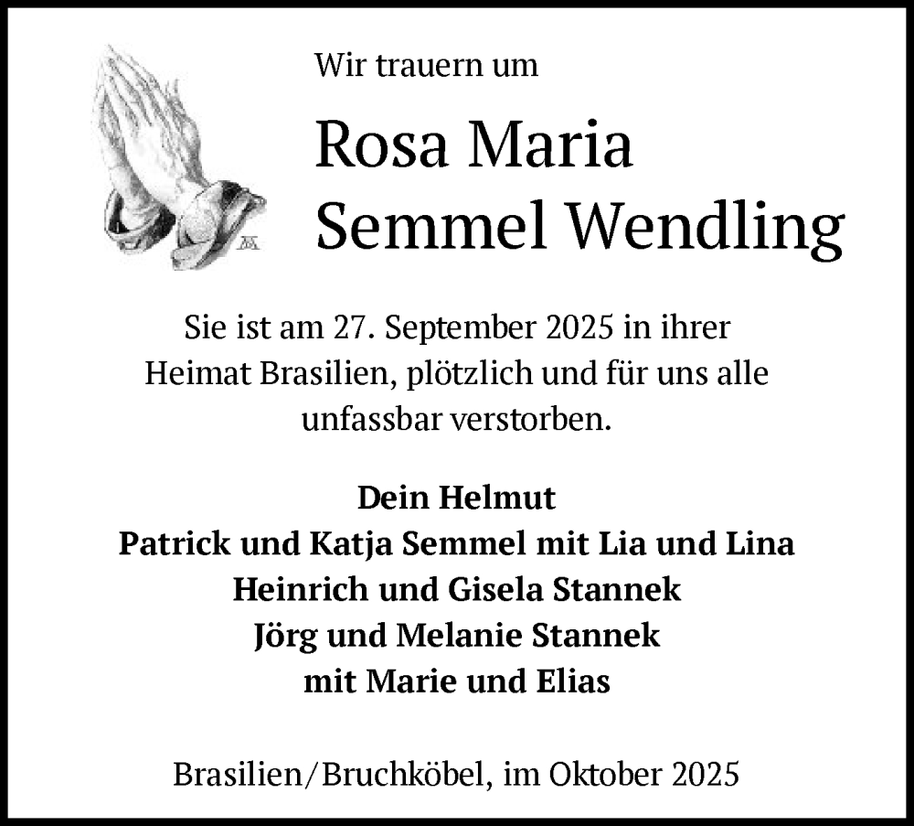  Traueranzeige für Rosa Maria Semmel vom 11.10.2025 aus OFHA