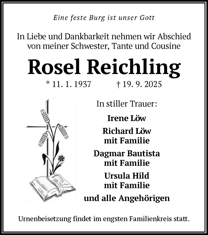  Traueranzeige für Rosel Reichling vom 11.10.2025 aus BOWO