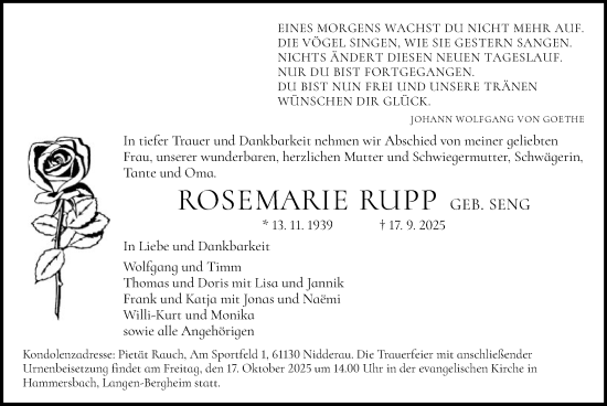 Traueranzeige von Rosemarie Rupp von OFHA