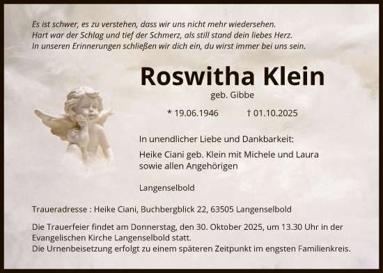 Traueranzeige von Roswitha Klein von OFHA