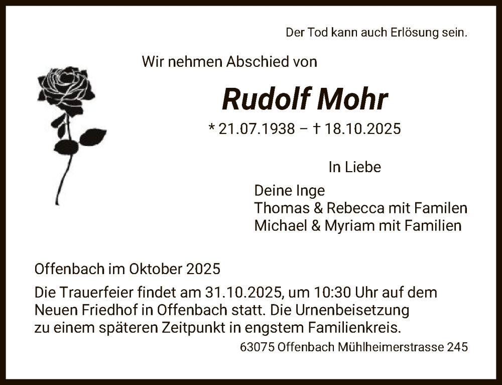  Traueranzeige für Rudolf Mohr vom 25.10.2025 aus OFOP