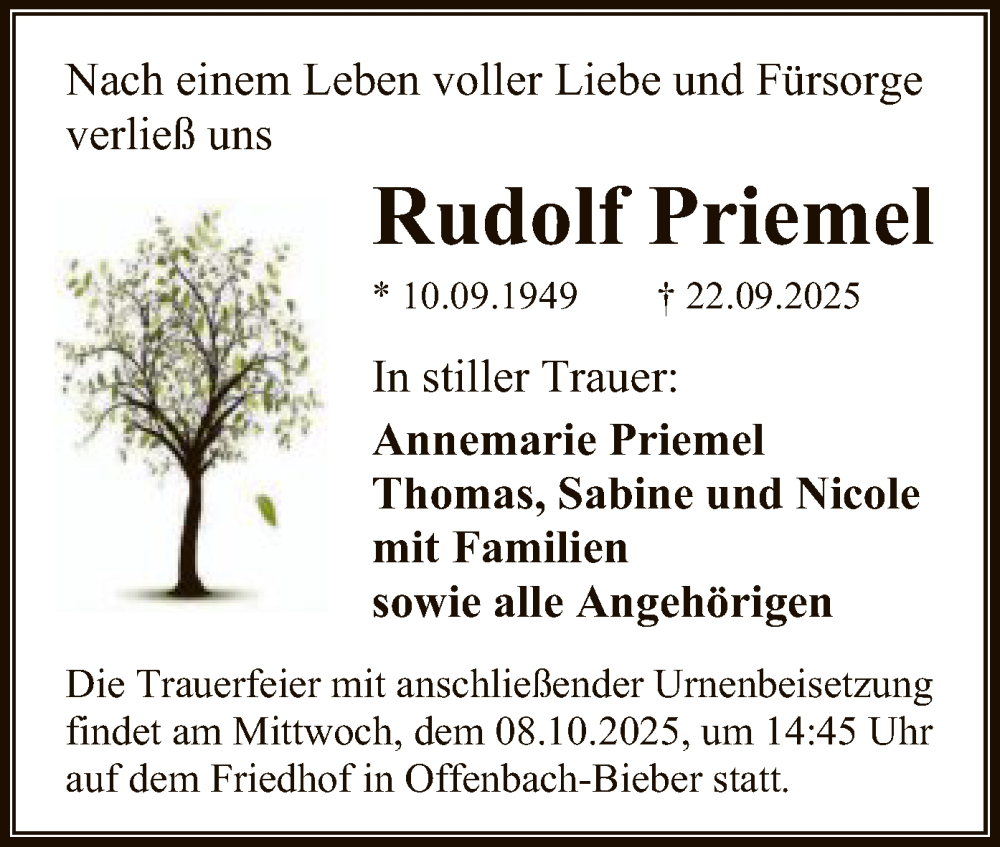  Traueranzeige für Rudolf Priemel vom 04.10.2025 aus OFOP