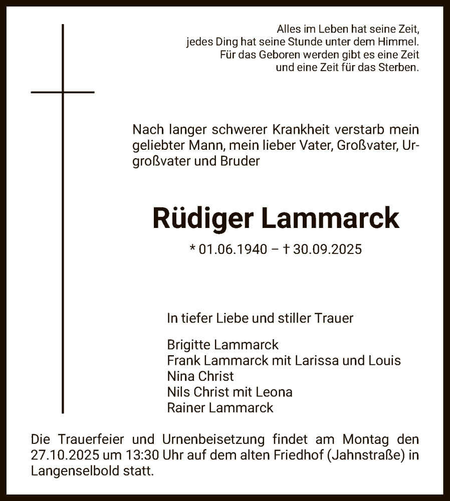  Traueranzeige für Rüdiger Lammarck vom 20.10.2025 aus OFHA