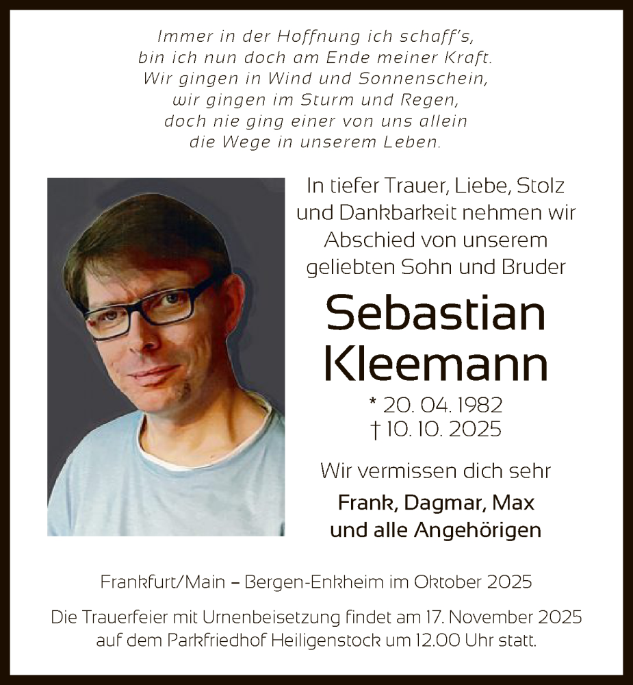  Traueranzeige für Sebastian Kleemann vom 25.10.2025 aus BOWO