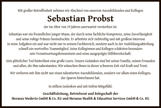 Traueranzeige von Sebastian Probst von OF0L