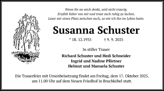 Traueranzeige von Susanna Schuster von HUW