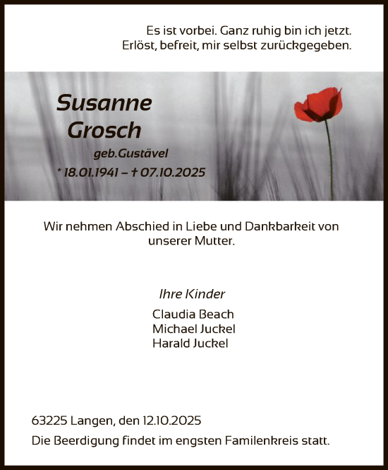 Traueranzeige von Susanne Grosch von OF0W