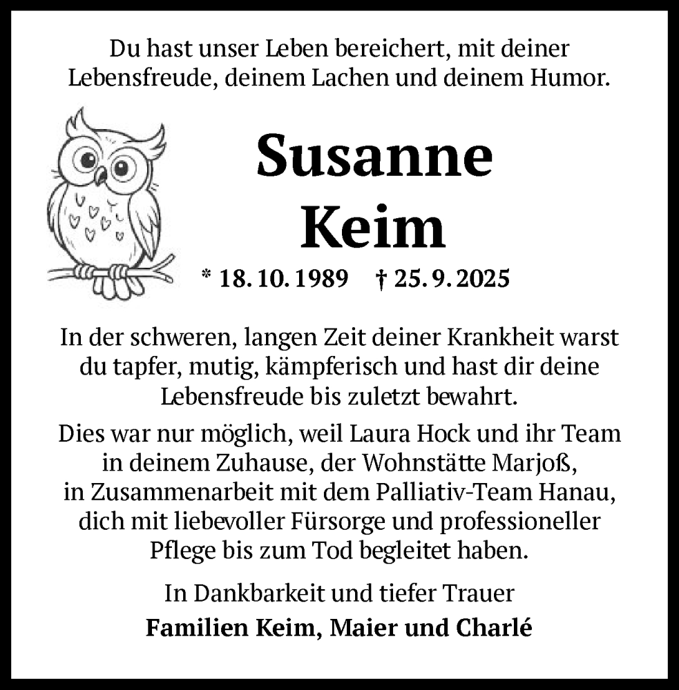  Traueranzeige für Susanne Keim vom 04.10.2025 aus OFHA