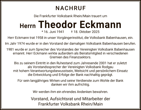 Traueranzeige von Theodor Eckmann von OFOP