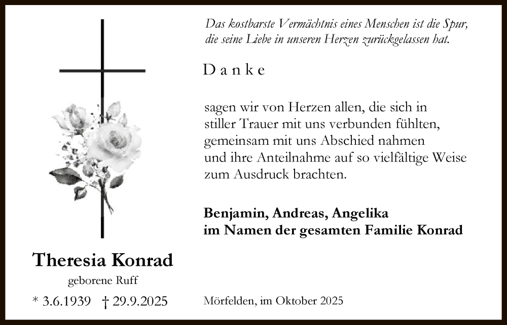  Traueranzeige für Theresia Konrad vom 24.10.2025 aus OFMF