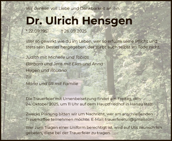 Traueranzeige von Ulrich Hensgen von OFHA