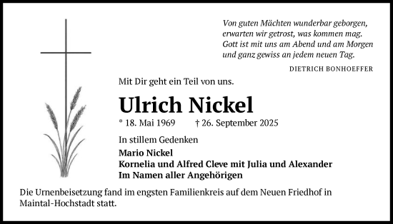 Traueranzeige von Ulrich Nickel von OFHA