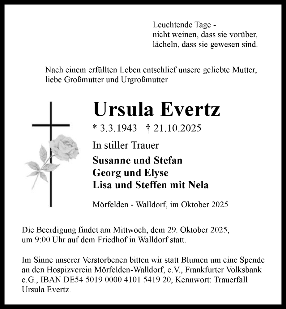  Traueranzeige für Ursula Evertz vom 24.10.2025 aus OFMF