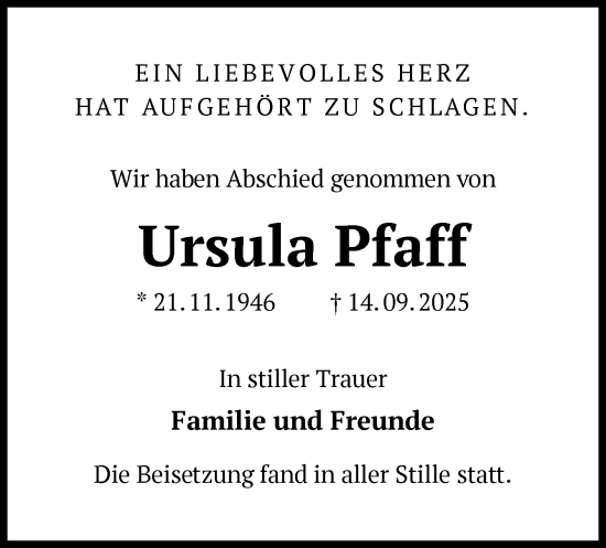 Traueranzeige von Ursula Pfaff von OFHA