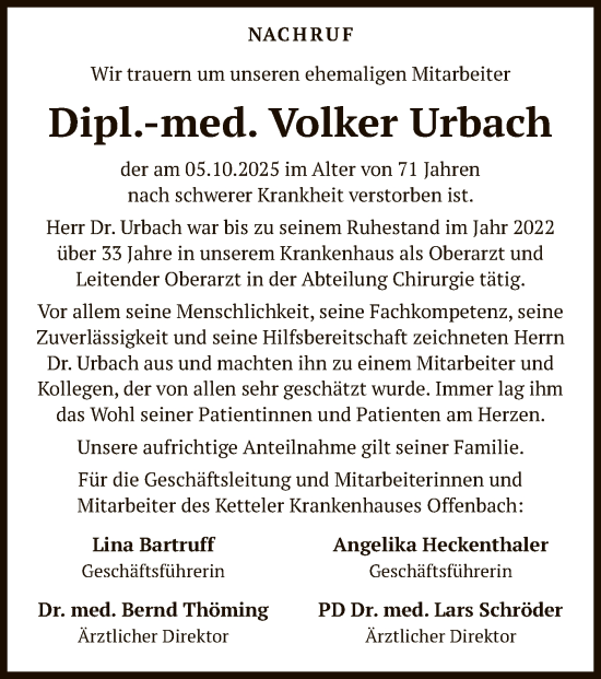 Traueranzeige von Volker Urbach von OFOP