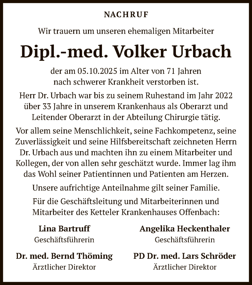  Traueranzeige für Volker Urbach vom 11.10.2025 aus OFOP