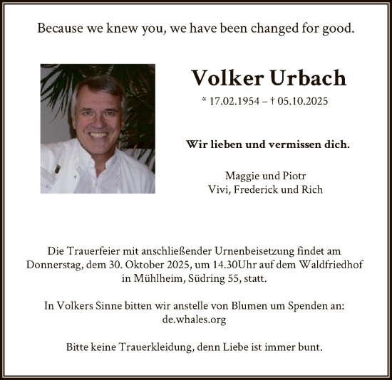 Traueranzeige von Volker Urbach von OFOP
